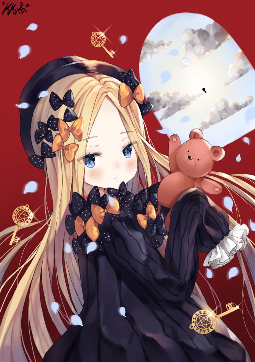 abigail_williams_(fate/grand_order) bangs black_bow black_dress black_hat blonde_hair blue_eyes blue_sky blush bow closed_mouth cloud commentary_request dress fate/grand_order fate_(series) forehead hair_bow hat highres holding holding_stuffed_animal key keyhole kkumon long_hair long_sleeves looking_at_viewer looking_to_the_side orange_bow parted_bangs petals polka_dot polka_dot_bow red_background signature sky sleeves_past_fingers sleeves_past_wrists solo stuffed_animal stuffed_toy sunlight teddy_bear very_long_hair window