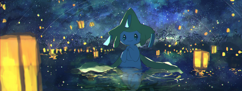 gen_3_pokemon highres jirachi looking_at_viewer night night_sky no_humans outdoors pippi_(pixiv_1922055) pokemon pokemon_(creature) ripples sky smile star_(sky) star_trail starry_sky water_surface