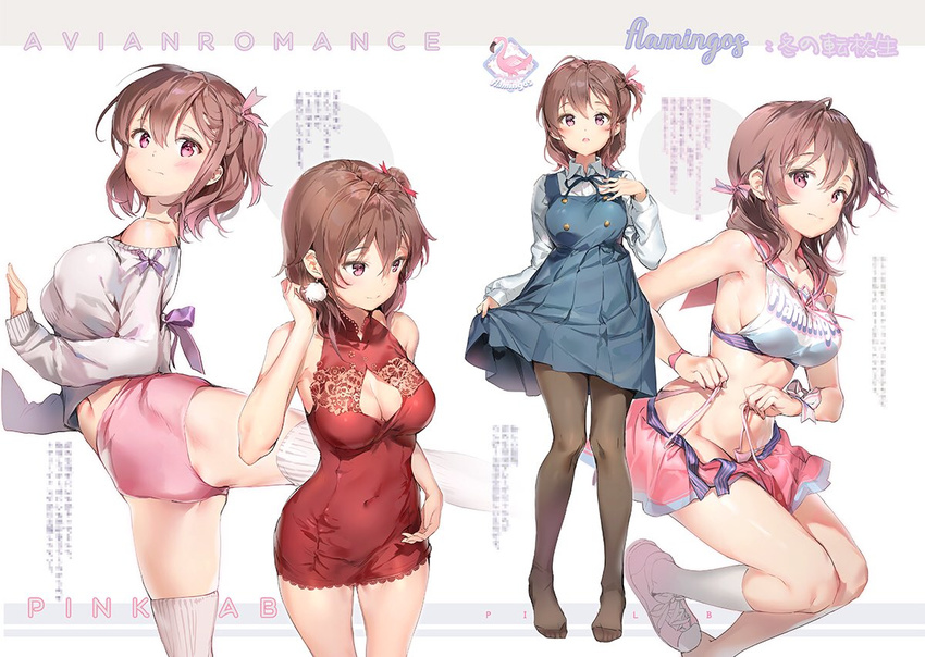 anmi bangs bare_shoulders blue_dress blush bow breasts brown_hair brown_legwear buruma buttons cheerleader cleavage cleavage_cutout collarbone commentary_request covered_navel crop_top dress earrings full_body hair_bow hand_on_own_chest holding jewelry leg_up long_sleeves looking_at_viewer medium_breasts midriff miniskirt multiple_views navel no_shoes open_mouth original panties pantyhose pinafore_dress pink_buruma pink_footwear pink_panties pink_skirt pleated_dress print_shirt purple_eyes red_dress shirt shoes short_dress short_hair side-tie_panties simple_background skirt skirt_hold sleeveless sleeves_past_wrists sneakers standing sweater underwear untied untied_panties white_legwear white_shirt white_sweater wrist_cuffs