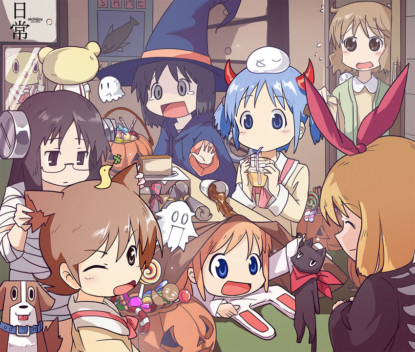 ;d aioi_yuuko annaka_haruna black_cat black_eyes candy cat character_request drinking food halloween halloween_costume hat indoors jack-o'-lantern kotatsu m.mikasa minakami_mai mogura_(nichijou) multiple_girls naganohara_mio nichijou oguri_cap_(nichijou) one_eye_closed open_mouth poster_(object) professor_shinonome sakamoto_(nichijou) sakurai_izumi scarf school_uniform shinonome_nano smile table tokisadame_school_uniform witch witch_hat