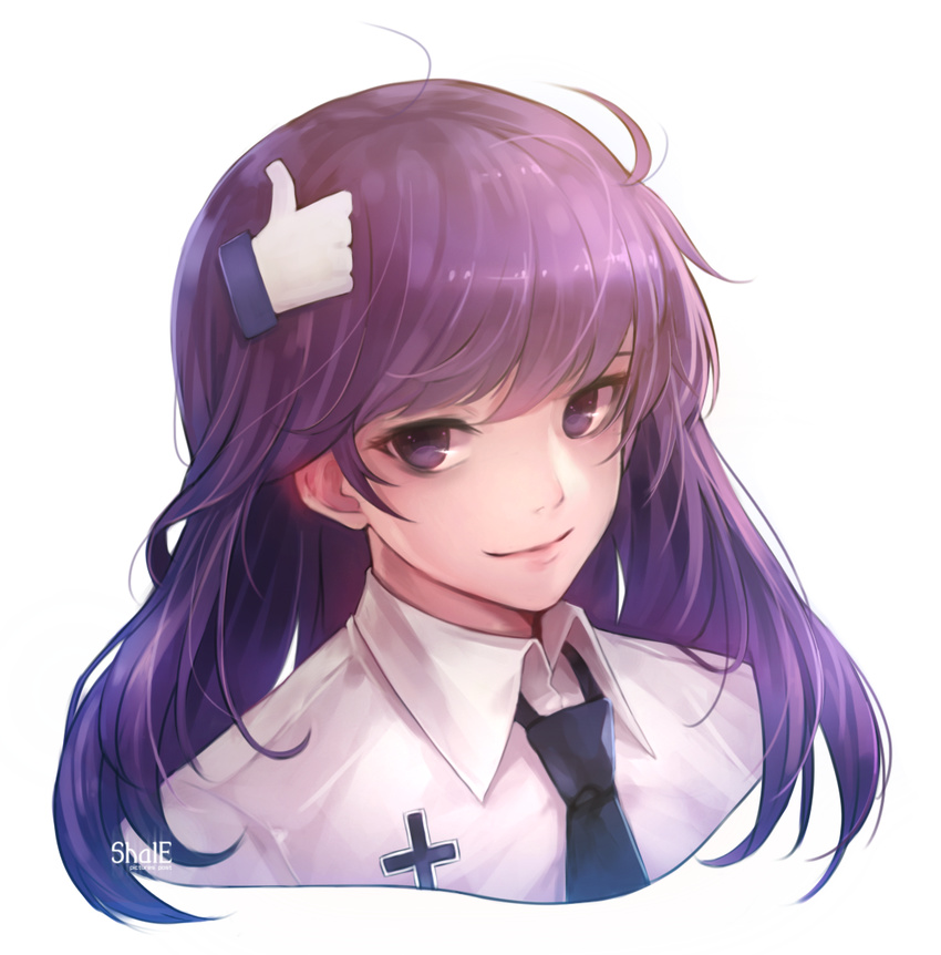 androgynous artist_name bangs blue_neckwear closed_mouth collared_shirt facebook facebook_like hair_ornament long_hair looking_at_viewer necktie original portrait purple_eyes purple_hair shal.e shirt simple_background smile solo white_background white_shirt wing_collar