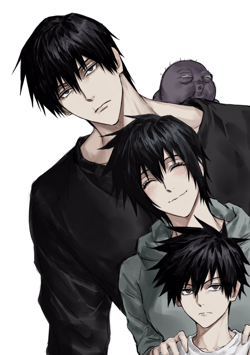 1girl 2boys aged_down black_hair black_shirt blush child closed_eyes closed_mouth commentary facing_viewer family fushiguro_megumi fushiguro_touji grey_eyes grey_hoodie height_difference highres hood hoodie inventory_curse_(jujutsu_kaisen) jujutsu_kaisen long_sleeves megumi's_mother_(jujutsu_kaisen) multiple_boys scar scar_on_face scar_on_lip scar_on_mouth shirt smile sso_s symbol-only_commentary white_shirt