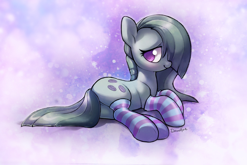 2016 blush celebi-yoshi clothing cute cutie_mark earth_pony equine eyelashes female friendship_is_magic grey_hair hair horse legwear looking_at_viewer lying mammal marble_pie_(mlp) mostly_nude multicolored_hair my_little_pony on_side pony purple_background purple_eyes simple_background smile socks solo striped_legwear striped_socks stripes two_tone_hair