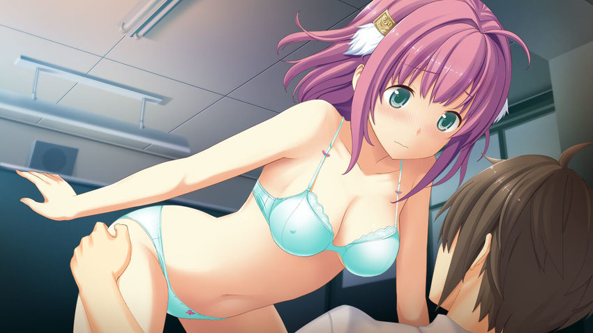 1girl ao_no_kanata_no_four_rhythm ao_no_kanata_no_four_rhythm_-es- aqua_bra aqua_eyes aqua_panties ass_grab bangs bent_over bow bow_panties bra breasts classroom cleavage closed_mouth eyebrows_visible_through_hair game_cg hair_ornament ichinose_rika indoors light_frown looking_at_another medium_breasts panties purple_hair short_hair standing straddling suzumori underwear underwear_only wavy_mouth