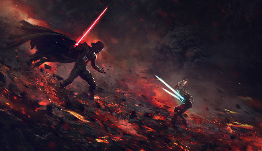 1boy 1girl ahsoka_tano cape darth_vader energy_sword guillem_h_pongiluppi jedi lightsaber realistic sith star_wars sword