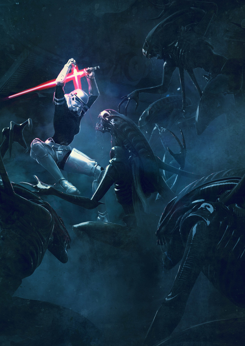 1girl 501st_legion_:_vader's_fist 501st_legion_:_vader's_fist_vs_space_cockroaches aliens crossover guillem_h_pongiluppi lightsaber monster nelle_yelpir realistic star_wars stormtrooper xenomorph