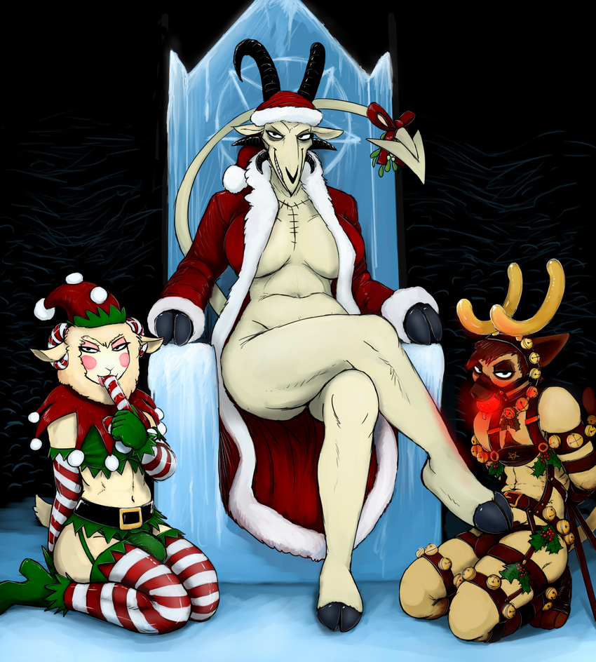 2017 anthro antlers ball_gag baphomet bell big_breasts bottomless breasts bulge candy candy_cane caprine cat chair christmas clothed clothing crossed_legs demon fake_antlers feline female food gag hat hladilnik holidays horn lucy_(hladilnik) male mammal midriff mistletoe penis_outline plant scar sheep smile spade_tail suggestive suggestive_food throne toothy_grin y_incision