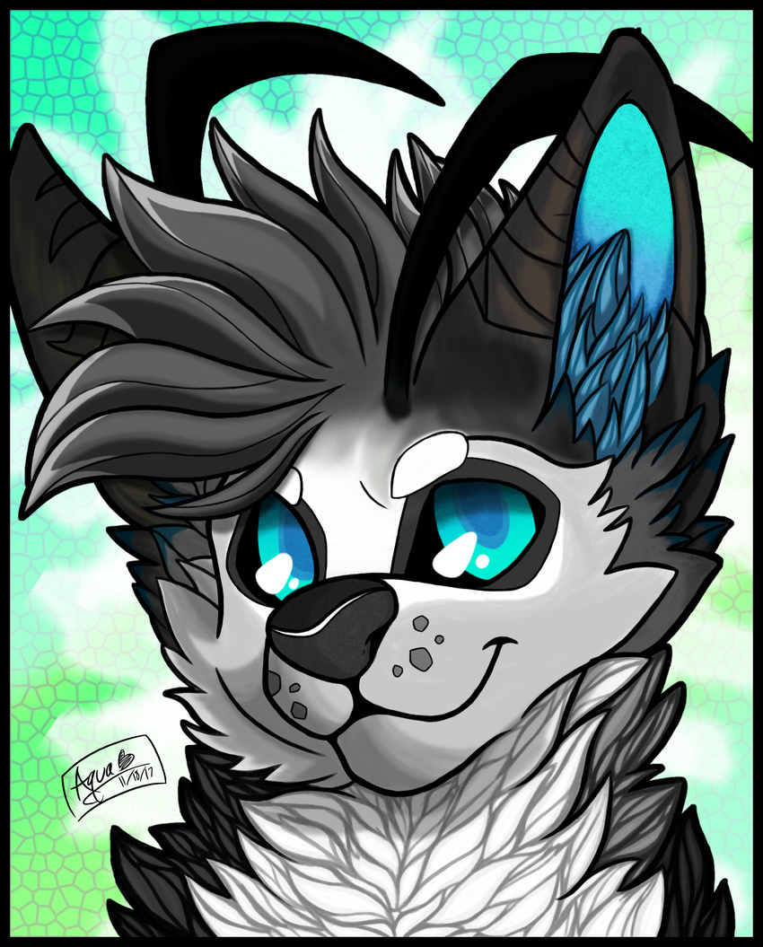 alien antennae blue_eyes canine cute digital_drawing_(artwork) digital_media_(artwork) dog fluffy front_view fur leo looking_at_viewer male mammal o0aquadragon0o portrait simple_background smile solo three-quarter_portrait wolf