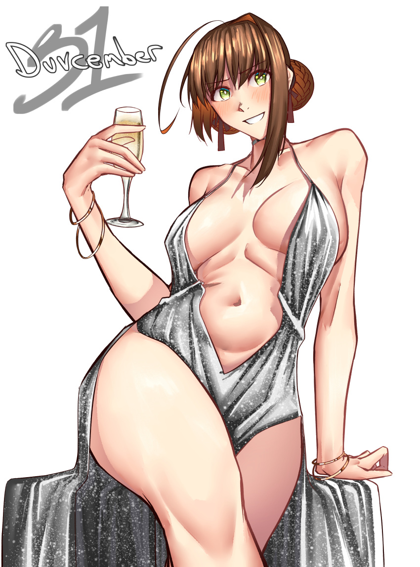 1girl absurdres ahoge alcohol antenna_hair backless_dress backless_outfit blush bracelet braid breasts bun_with_braided_base center_opening champagne cleavage cocktail_dress cowl_neck cup dated double_bun dress drinking_glass duvalie eiyuu_densetsu english_commentary english_text glass glitter_dress green_eyes hair_between_eyes hair_bun halter_dress halterneck highres holding holding_cup jewelry looking_at_viewer moren_eh navel new_year open_mouth plunging_neckline revealing_clothes sen_no_kiseki_(series) short_hair sideboob sideless_dress silver_dress simple_background smile solo stomach upper_body white_background wine_glass