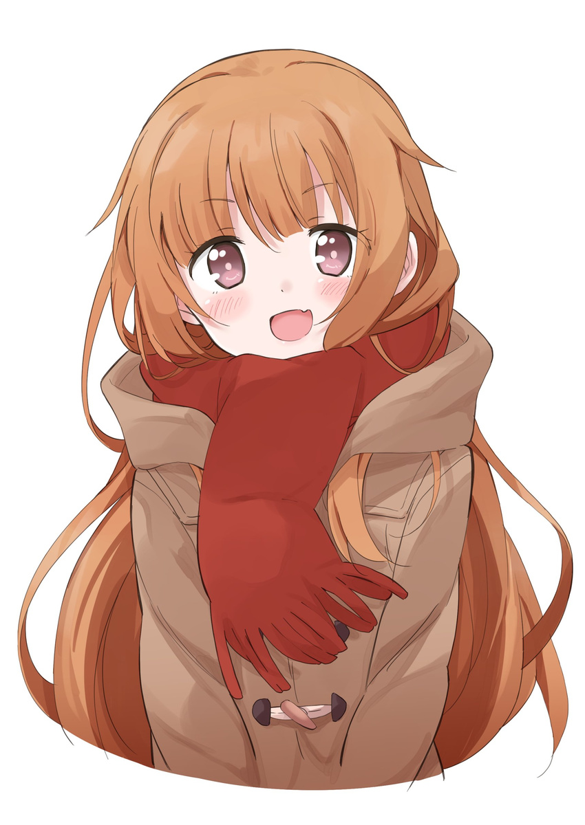 :d absurdres amatsuka_mao bangs blush brown_hair coat commentary_request cropped_torso eyebrows_visible_through_hair fang gj-bu hair_flaps highres long_hair long_sleeves looking_at_viewer mousou_(mousou_temporary) open_mouth purple_eyes red_scarf scarf simple_background smile solo upper_body white_background