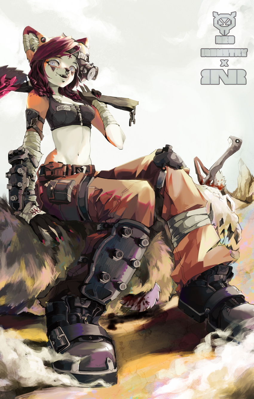 2015 anthro blue_eyes bra breasts canine cleavage clothed clothing commentary digital_media_(artwork) facial_piercing female fox fur gas_mask hair holding_object holding_weapon mammal mask navel nose_piercing nose_ring orange_fur pants piercing post-apocalyptic red_hair rye-beer solo sports_bra tattoo text underwear weapon white_fur zipper
