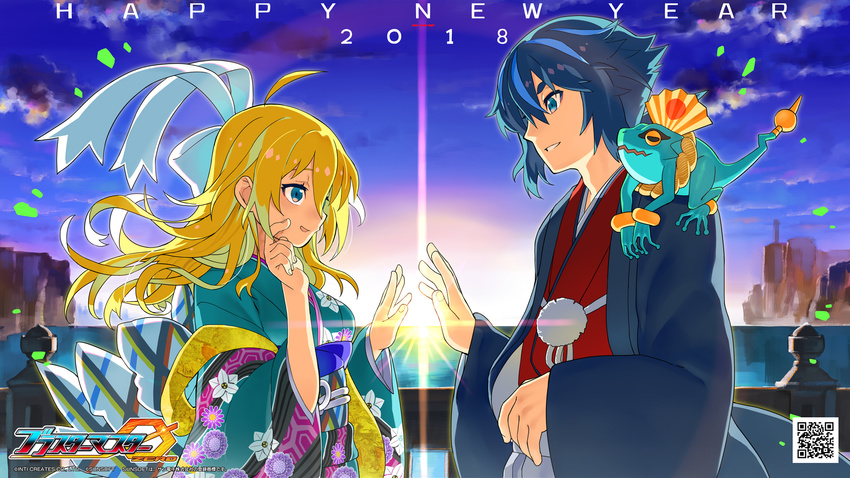 1girl 2018 alien black_hair blaster_master_zero blonde_hair blue_eyes bow eve_(blaster_master_zero) fred_(blaster_master_zero) hair_bow happy_new_year highres jason_frudnick logo long_hair looking_at_another multicolored_hair natsume_yuji new_year official_art qr_code smile streaked_hair sunrise upper_body wallpaper watermark