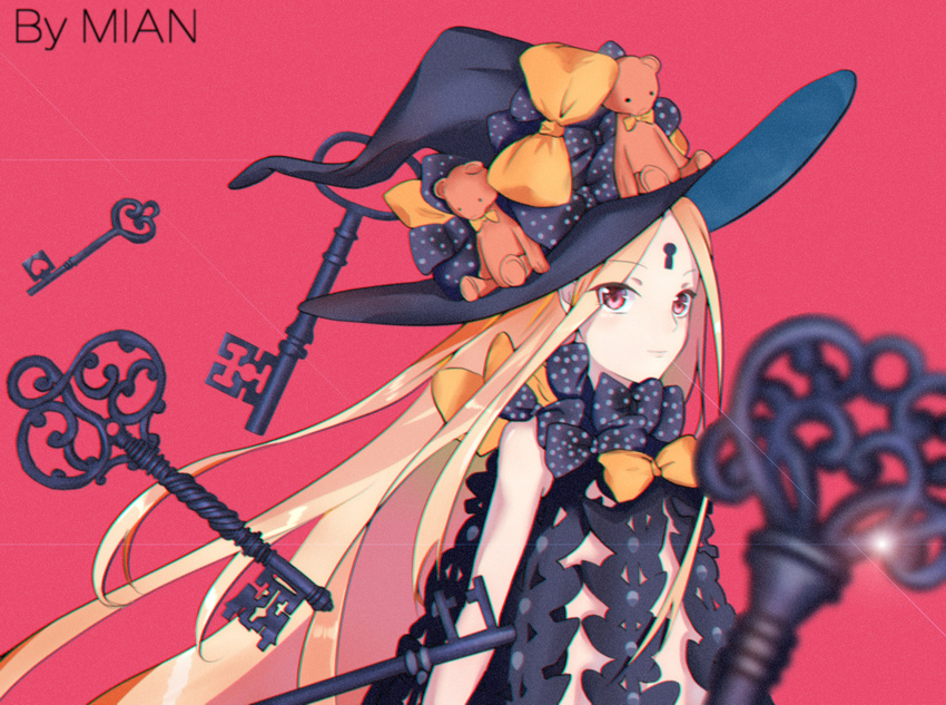 abigail_williams_(fate/grand_order) black_bow blonde_hair bow breasts eyebrows_visible_through_hair facial_mark fate/grand_order fate_(series) film_grain forehead_mark hat hat_bow highres key keyhole long_hair mian.h orange_bow polka_dot polka_dot_bow red_eyes revealing_clothes small_breasts solo very_long_hair witch_hat