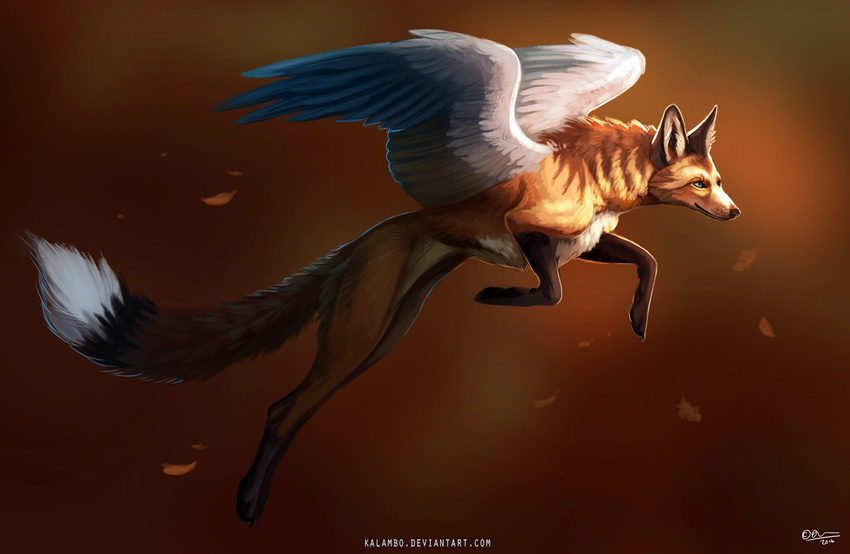 ambiguous_gender canine feathered_wings feathers feral fluffy fluffy_tail flying fox fur jumping kalambo leaves mammal markings prysmyr red_background red_fur simple_background socks_(marking) solo wings