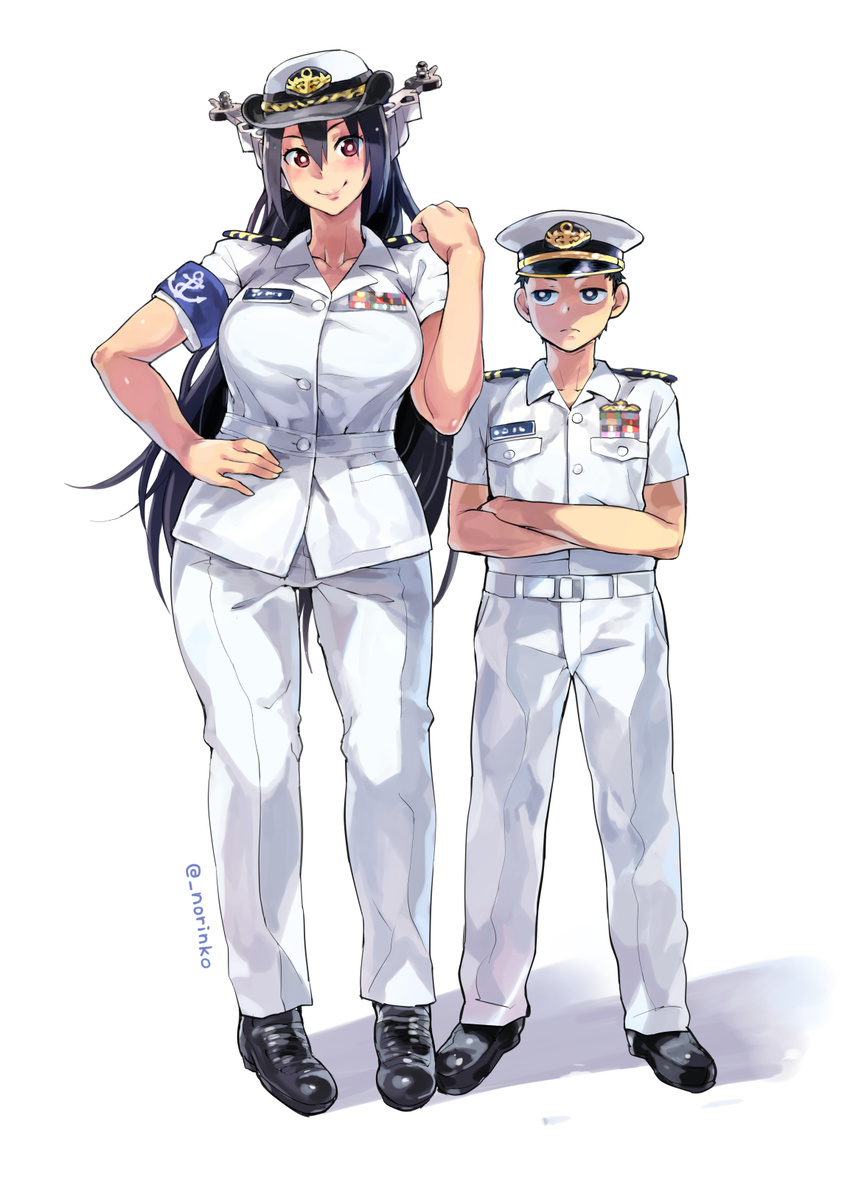 1girl admiral_(kantai_collection) alternate_costume belt black_eyes black_hair blush brown_eyes commentary_request crossed_arms female_service_cap hand_on_hip hat height_difference highres kantai_collection long_hair looking_at_another military military_hat military_uniform nagato_(kantai_collection) naval_uniform norinco smile standing twitter_username uniform