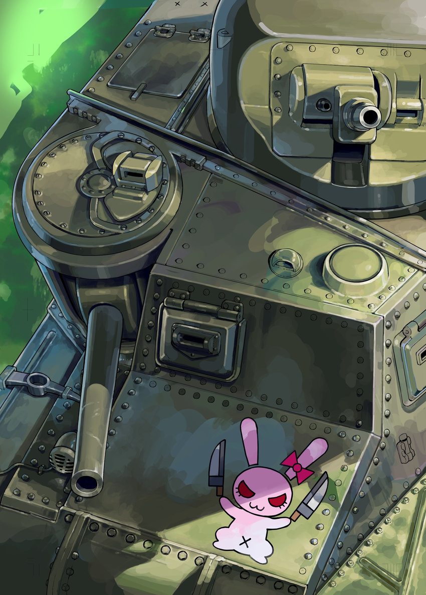 cannon commentary_request day emblem from_above girls_und_panzer grass ground_vehicle highres knife m3_lee military military_vehicle motor_vehicle no_humans norinco outdoors shadow tank tank_focus tank_turret