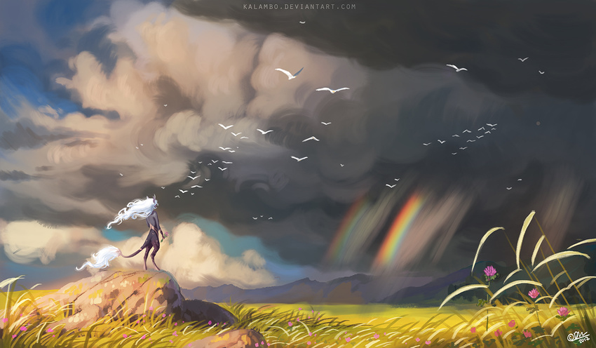 amazing_background ambient_bird ambiguous_gender anthro avian bird cloud dark_fur detailed_background flower fur hair holding_object kalambo mountain outside plains plant rainbow rock satyr sky solo standing storm tail_tuft tuft white_hair