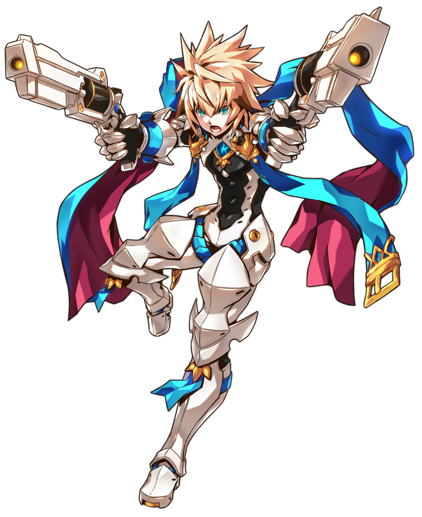 :o absurdres angry armor blonde_hair blue_eyes blue_scarf boots brown_hair chung_seiker deadly_chaser_(elsword) dual_wielding elsword full_armor full_body gloves gun highres holding male_focus multicolored_hair official_art open_mouth ress scarf solo spiked_hair standing standing_on_one_leg streaked_hair transparent_background two-tone_hair weapon