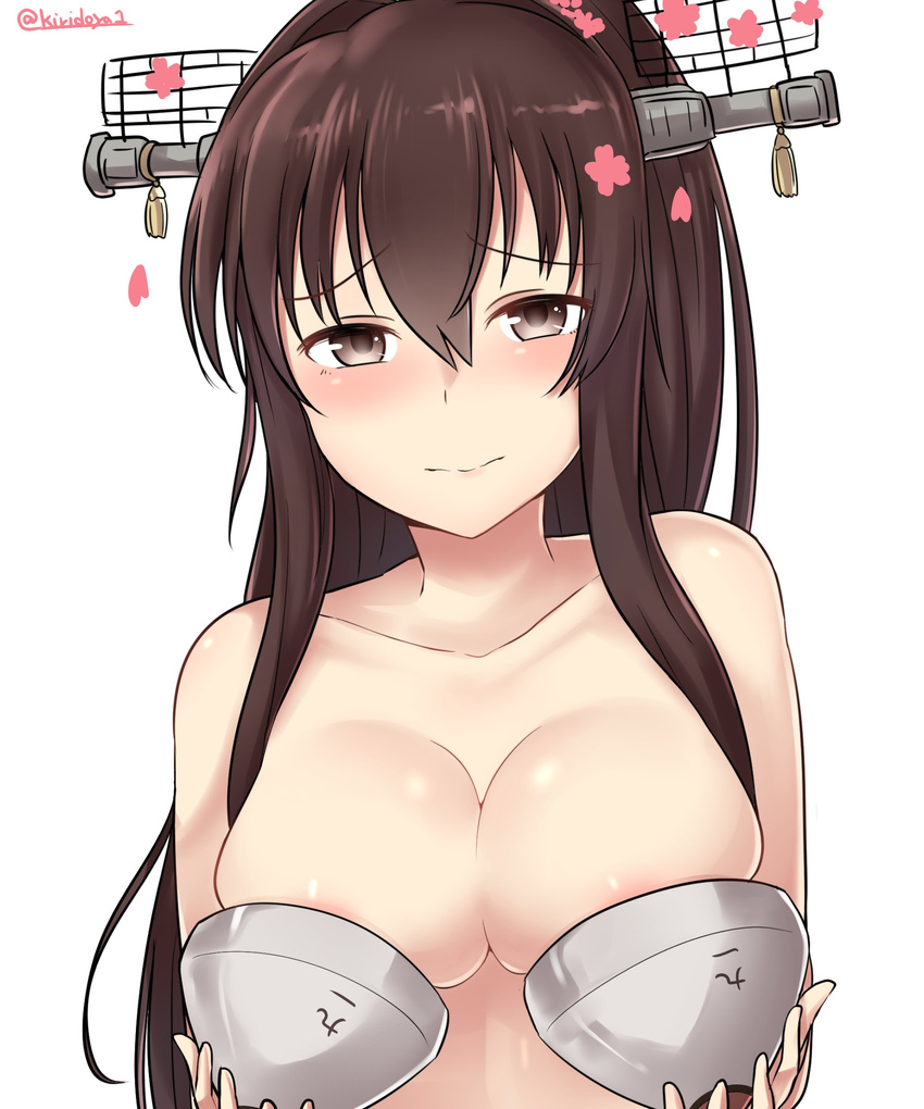 absurdres areola_slip areolae blush breasts brown_eyes brown_hair cherry_blossoms closed_mouth collarbone embarrassed eyebrows_visible_through_hair hair_between_eyes headgear highres kantai_collection kiritto long_hair looking_at_viewer medium_breasts metal_bra petals ponytail sidelocks simple_background solo topless twitter_username type_91_armor-piercing_shell upper_body white_background yamato_(kantai_collection)