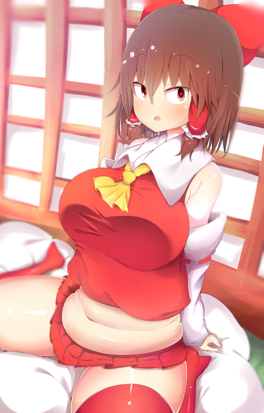 absurdres akabeco blush bow breasts cookie_(touhou) eyebrows_visible_through_hair fat_folds hair_bow hair_tubes hakurei_reimu highres large_breasts looking_at_viewer navel parted_lips plump red_bow red_eyes red_legwear red_skirt reu seiza sitting skirt solo thick_thighs thighhighs thighs touhou