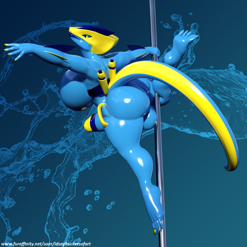 3d_(artwork) anthro balls blue_skin breasts cyber_dragon dickgirl digital_media_(artwork) dragon idsaybucketsofart intersex latex_skin leviathan-29 mechanoid penis pole stripper_pole water yellow_skin