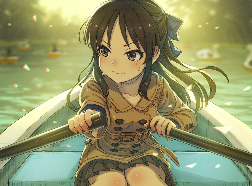 black_hair black_skirt blue_bow blush boat bow brown_eyes closed_mouth commentary_request hair_bow holding holding_oar idolmaster idolmaster_cinderella_girls kusano_shinta lake long_hair long_sleeves looking_to_the_side oar pleated_skirt rowboat rowing sitting skirt solo tachibana_arisu watercraft wavy_mouth