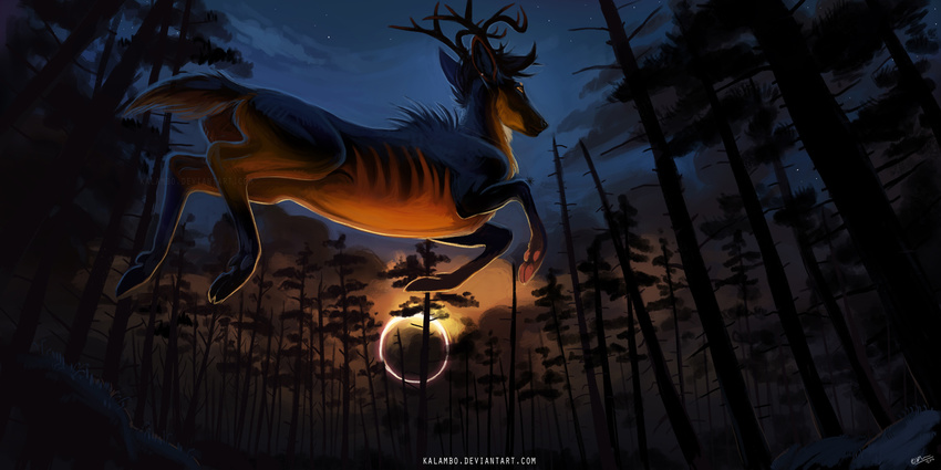 amazing_background antlers cervine cloud dark_theme deer detailed_background eclipse feral forest hooves horn jumping kalambo male mammal outside solo tree