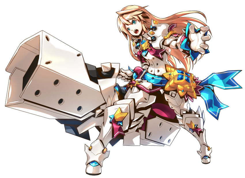 :o absurdres armor blonde_hair blue_eyes blue_ribbon boots cannon chung_seiker elsword full_armor full_body gloves highres holding holding_weapon huge_weapon iron_paladin_(elsword) long_hair male_focus official_art open_mouth red_ribbon ress ribbon solo standing thigh_boots thighhighs transparent_background weapon