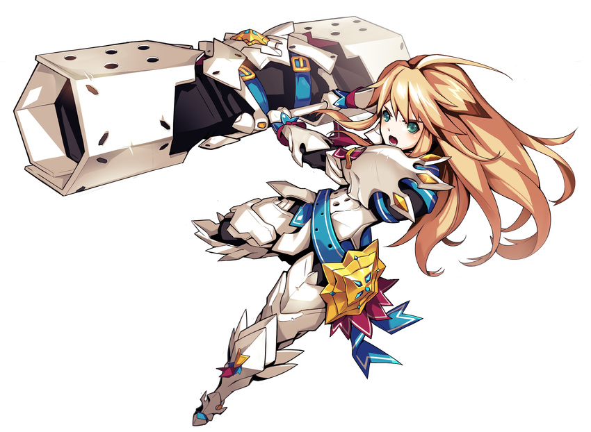 :o armor blonde_hair blue_eyes blue_ribbon boots cannon chung_seiker elsword fighting_stance full_armor full_body gloves highres holding holding_weapon huge_weapon iron_paladin_(elsword) long_hair male_focus official_art open_mouth ress ribbon solo thigh_boots thighhighs transparent_background weapon