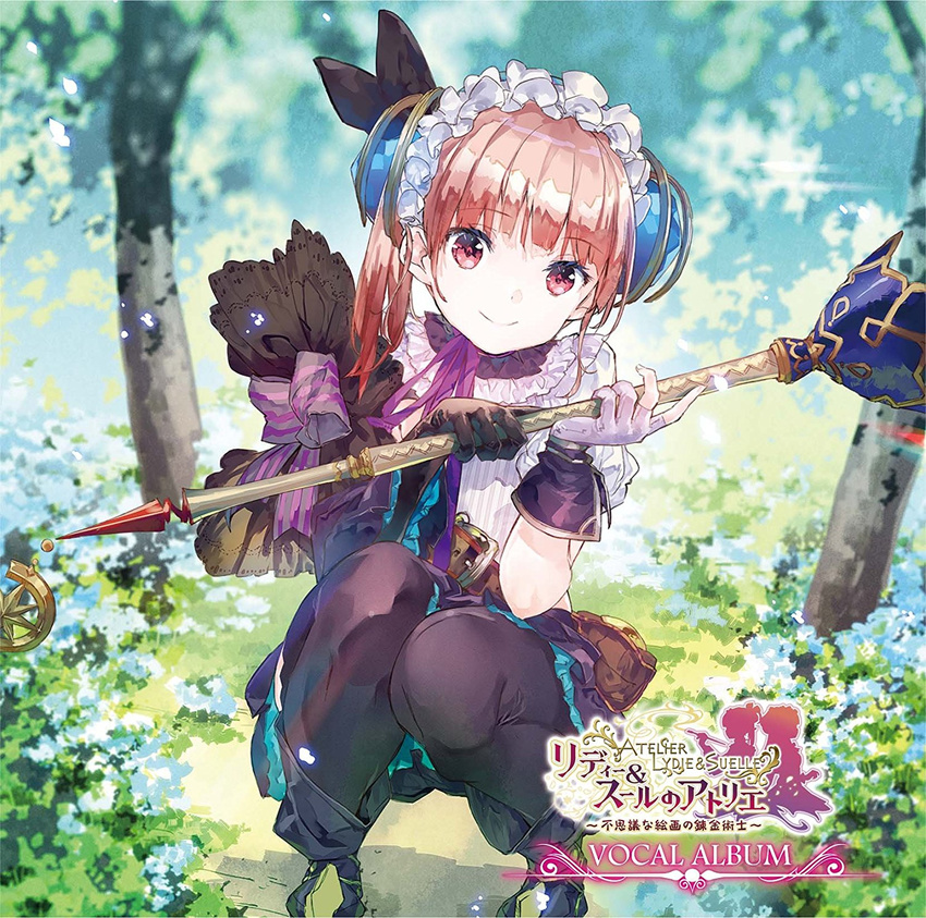 atelier_(series) atelier_lydie_&amp;_suelle black_gloves black_legwear bush cane gloves headdress highres lydie_marlen pink_eyes pink_hair purple_ribbon ribbon short_hair sitting smile snow solo tree white_gloves yuugen