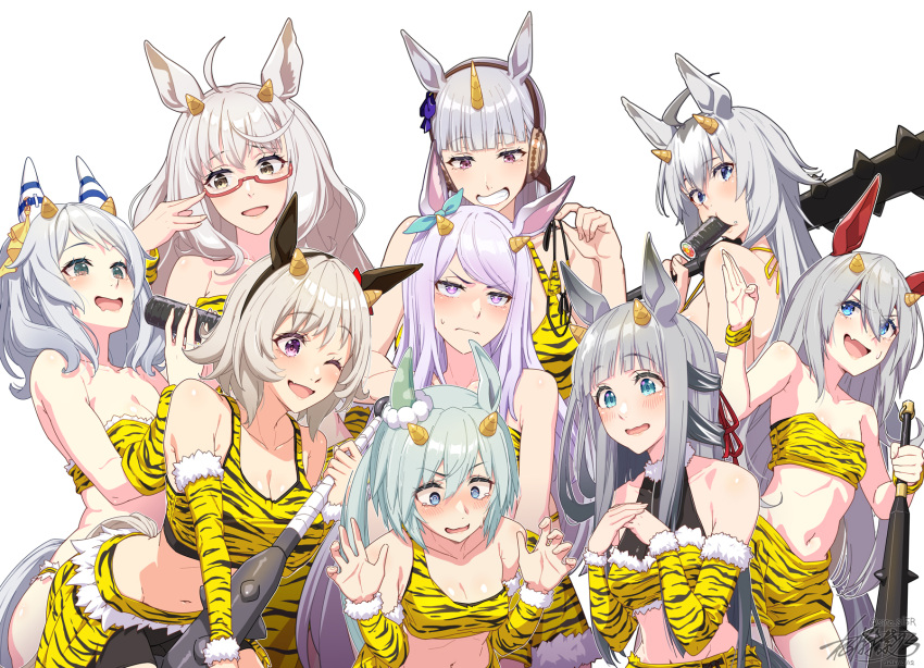 6+girls @_@ ahoge animal_ears aqua_bow bare_shoulders biwa_hayahide_(umamusume) blue_eyes blunt_bangs bow breasts carrying_over_shoulder chrono_genesis_(umamusume) cleavage club_(weapon) commentary_request curren_chan_(umamusume) detached_sleeves ear_bow ear_covers ehoumaki embarrassed fake_horns food food_in_mouth full_mouth fur-trimmed_sleeves fur_trim glasses gold_ship_(umamusume) grey_hair grin hair_between_eyes highres hishi_miracle_(umamusume) holding holding_club holding_weapon horns horse_ears horse_girl large_breasts long_hair makizushi masaki_shino medium_breasts mejiro_mcqueen_(umamusume) midriff multiple_girls navel oguri_cap_(umamusume) one_eye_closed oni_costume print_tank_top print_tube_top purple_eyes purple_hair red-framed_eyewear seiun_sky_(umamusume) semi-rimless_eyewear setsubun shirt short_hair single-shoulder_shirt single_horn smile spiked_club strapless sushi swept_bangs tamamo_cross_(umamusume) tank_top tube_top umamusume v-shaped_eyebrows weapon yellow_horns yellow_sleeves yellow_tank_top yellow_tube_top