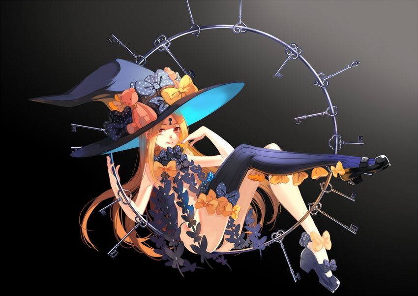 :q abigail_williams_(fate/grand_order) black_bow black_panties blonde_hair bow douyougen facial_mark fate/grand_order fate_(series) forehead_mark hat hat_bow key keychain keyhole long_hair mary_janes orange_bow panties polka_dot polka_dot_bow red_eyes revealing_clothes shoes single_thighhigh solo thighhighs tongue tongue_out underwear very_long_hair witch_hat