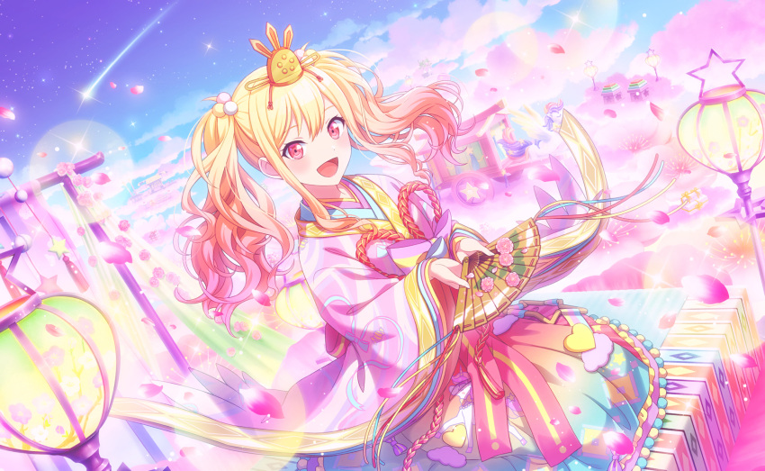 1girl :d blonde_hair blurry bokeh colorful_palette depth_of_field game_cg gradient_hair hair_between_eyes hair_ornament hand_fan heart highres holding holding_fan japanese_clothes multicolored_hair official_alternate_costume official_art petals pink_eyes pink_hair project_sekai shooting_star sidelocks smile solo sparkle star_(symbol) tenma-sanchi_no_hinamatsuri_(project_sekai) tenma_saki third-party_source tongue twintails unicorn_print wide_sleeves winged_unicorn