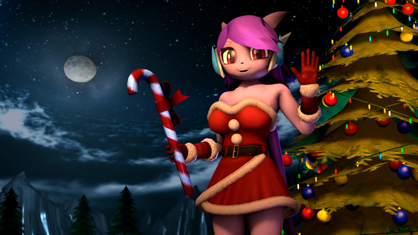 16:9 3d_(artwork) 5_fingers aquatic_dragon big_eyes big_head black_nose breasts candy candy_cane chek christmas clothed clothing costume digital_media_(artwork) dragon female food freedom_planet freedom_planet_2 full_moon fur gloves glowing hair holidays horn hybrid long_hair looking_at_viewer moon moonlight night open_mouth outside pink_eyes purple_hair rock santa_costume sash_lilac smile solo standing teeth tree video_games wave