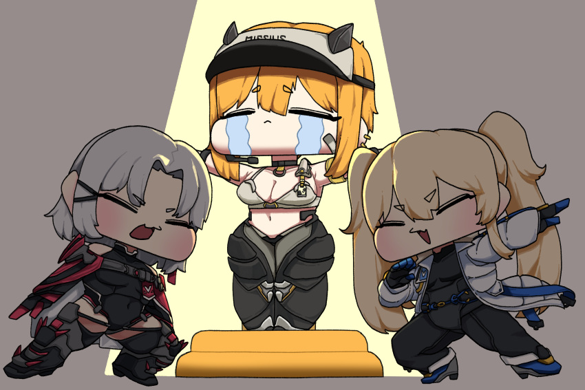 3girls absurdres armband armored_legwear bandaid bandaid_on_cheek bandaid_on_face bare_shoulders black_bodysuit black_choker black_gloves black_leotard black_pants black_thighhighs blonde_hair bodysuit breasts choker cleavage cloak closed_eyes closed_mouth coat collarbone commentary crying deformed drake_(nikke) ear_piercing earpiece elbow_gloves gloves goddess_of_victory:_nikke hair_between_eyes hair_ornament highleg highleg_leotard highres kokee12 laplace_(nikke) large_breasts leg_armor leotard long_hair matis_(nikke) maxwell_(nikke) medium_breasts midriff multicolored_gloves multiple_girls multiple_piercings navel open_clothes open_coat open_mouth outstretched_arm outstretched_arms pants parted_bangs piercing red_cloak short_hair short_hair_with_long_locks sidelocks smile sports_bra spotlight standing standing_on_one_leg streaming_tears t-pose tears thighhighs twintails two-tone_gloves visor_cap white_coat white_hair white_sports_bra yellow_armband