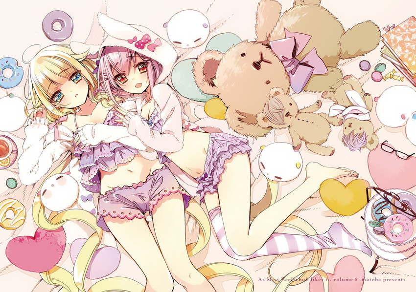 animal_hood banned_artist beelzebub-jou_no_okinimesu_mama. beelzebub_(beelzebub-jou) belphegor_(beelzebub-jou) blonde_hair blue_eyes book candy cup doughnut food glasses hood long_hair macaron matoba multiple_girls navel official_art open_mouth purple_hair red_eyes short_hair smile stuffed_animal stuffed_toy tea teacup teddy_bear