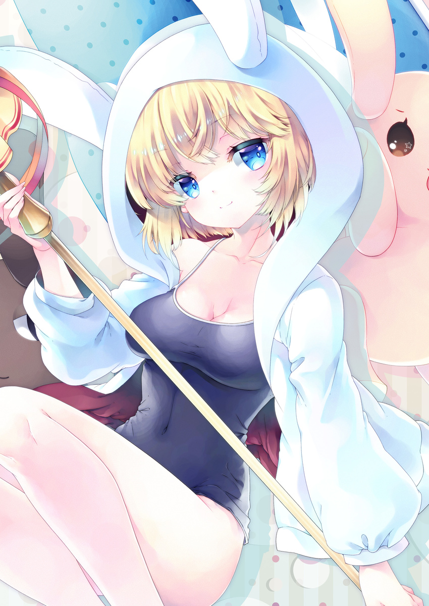 absurdres animal_ears animal_hood blonde_hair blue_eyes breasts bunny_ears bunny_hood cleavage competition_school_swimsuit covered_navel highres hood impossible_clothes katakuri_tawawa looking_at_viewer medium_breasts one-piece_swimsuit paula_(sennen_sensou_aigis) sennen_sensou_aigis short_hair sitting smile solo staff stuffed_animal stuffed_bunny stuffed_toy swimsuit