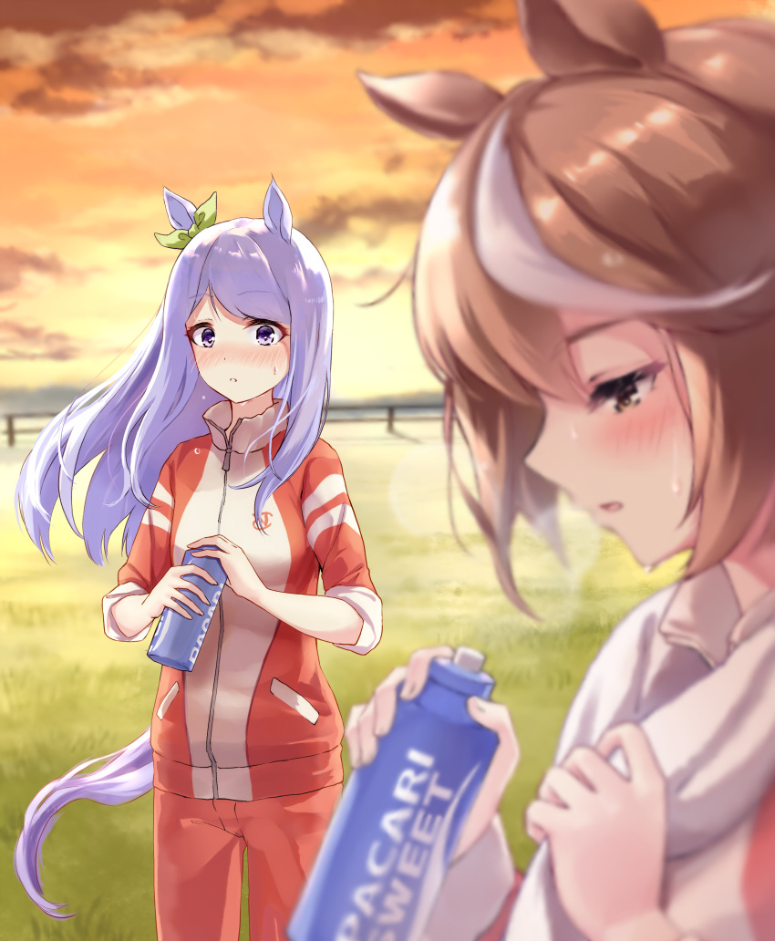 2girls absurdres animal_ears blue_eyes blush bottle bow breath brown_hair cloud commentary_request ear_bow ear_ribbon hair_between_eyes highres holding holding_bottle horse_ears horse_girl horse_tail jacket long_hair long_sleeves mejiro_mcqueen_(umamusume) multicolored_hair multiple_girls orange_sky outdoors pants parted_lips pocari_sweat purple_eyes purple_hair red_jacket red_pants red_track_suit sazanka sky streaked_hair sweat tail tokai_teio_(umamusume) towel towel_around_neck tracen_training_uniform track_jacket track_pants track_suit two-tone_hair umamusume white_hair