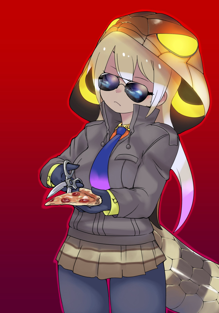 1girl absurdres animal_hood blonde_hair bodystocking breast_pocket brown_jacket closed_mouth collared_jacket commentary_request cowboy_shot dark-skinned_female dark_skin detached_hood food glowing_clothes gradient_background hair_between_eyes highres holding holding_food holding_pizza holding_scissors hondadadadatsu hood hood_up jacket kemono_friends kemono_friends_3 king_cobra_(kemono_friends) legs_apart long_hair long_sleeves microskirt multicolored_hair necktie pink_hair pizza pizza_slice pocket print_hood red_background scissors shirt skirt snake_hood snake_print snake_tail solo sunglasses tail two-tone_hair two-tone_necktie very_long_hair yellow_shirt