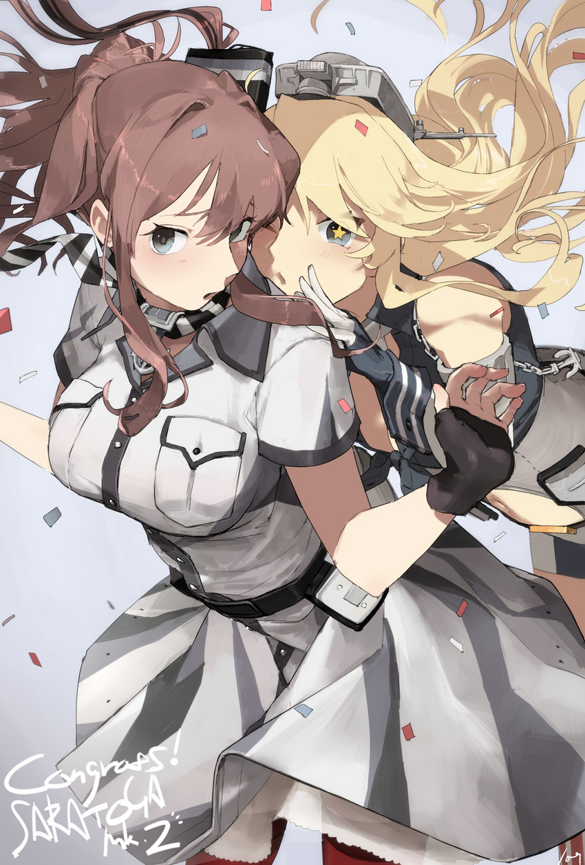 anchor bad_id bad_pixiv_id bare_shoulders belt black_belt black_gloves blonde_hair blouse blue_background blue_eyes blush breast_pocket breasts brown_hair camouflage character_name cleavage commentary_request confetti english fingerless_gloves front-tie_top gloves gradient gradient_background grey_blouse hageshii_nakano hair_intakes hat headgear highres iowa_(kantai_collection) kantai_collection large_breasts leaning_forward long_hair looking_at_another looking_at_viewer looking_back multiple_girls open_mouth pocket ponytail red_legwear remodel_(kantai_collection) saratoga_(kantai_collection) short_sleeves side_ponytail smokestack_hair_ornament whispering wind wind_lift