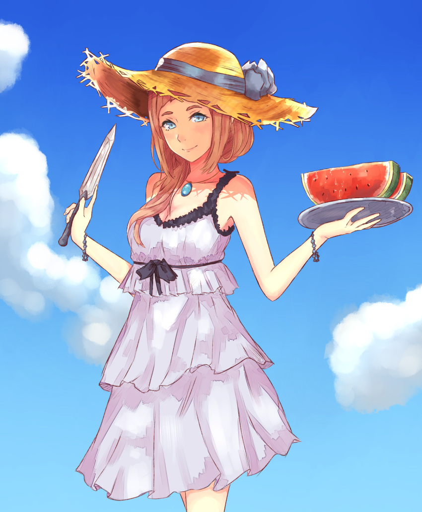 1girl blue_eyes blue_sky bracelet breasts brown_hair cleavage cloud collarbone dress felicia_(fire_emblem_if) fire_emblem fire_emblem_if food fruit hair_over_shoulder hat highres holding holding_knife holding_plate jewelry knife layered_dress leatzche long_hair looking_at_viewer medium_breasts necklace nintendo outdoors plate sky sleeveless sleeveless_dress smile solo standing straw_hat sun_hat sundress watermelon white_dress yellow_hat