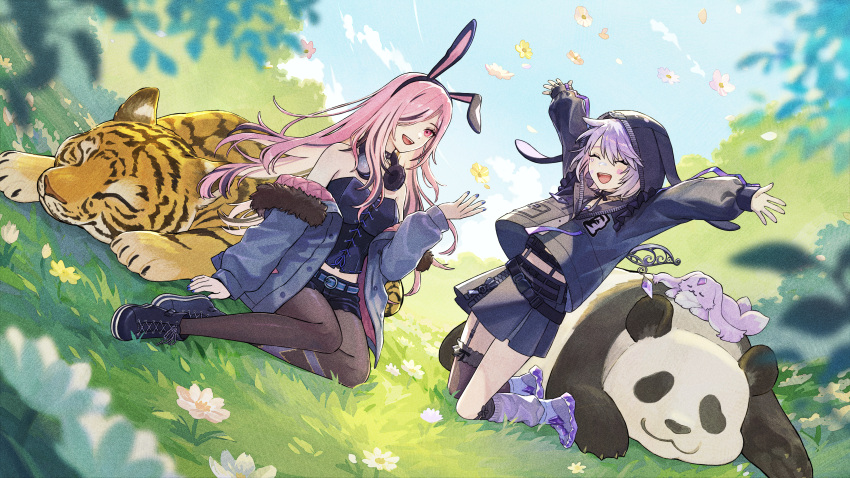 2girls :d ^_^ absurdres animal_ear_hairband animal_ears animal_hood arms_up bandaid bandaid_on_cheek bandaid_on_face bandaid_on_nose bare_shoulders black_bustier black_choker black_jacket black_pantyhose black_shorts black_skirt black_streaks black_thighhighs blue_sky bustier choker closed_eyes cloud commentary day english_commentary fake_animal_ears falling_flower falling_petals fur-trimmed_jacket fur_trim geow_(koseki_bijou) hair_over_one_eye hairband hand_up headphones headphones_around_neck highres hololive hololive_english hood hood_up jacket kneeling koseki_bijou koseki_bijou_(casual) long_hair looking_at_viewer midriff miniskirt mori_calliope mori_calliope_(rock_bunny) multiple_girls off_shoulder official_alternate_costume official_alternate_hairstyle official_art open_mouth outdoors outstretched_arms panda pantyhose petals pink_eyes pink_hair purple_hair purple_shoes rabbit_ear_hairband rabbit_ears rabbit_hood second-party_source shoes short_hair short_shorts shorts single_leg_warmer single_sidelock single_thighhigh sitting skirt sky smile studded_choker swept_bangs teeth thighhighs tiger upper_teeth_only virtual_youtuber yani_tama
