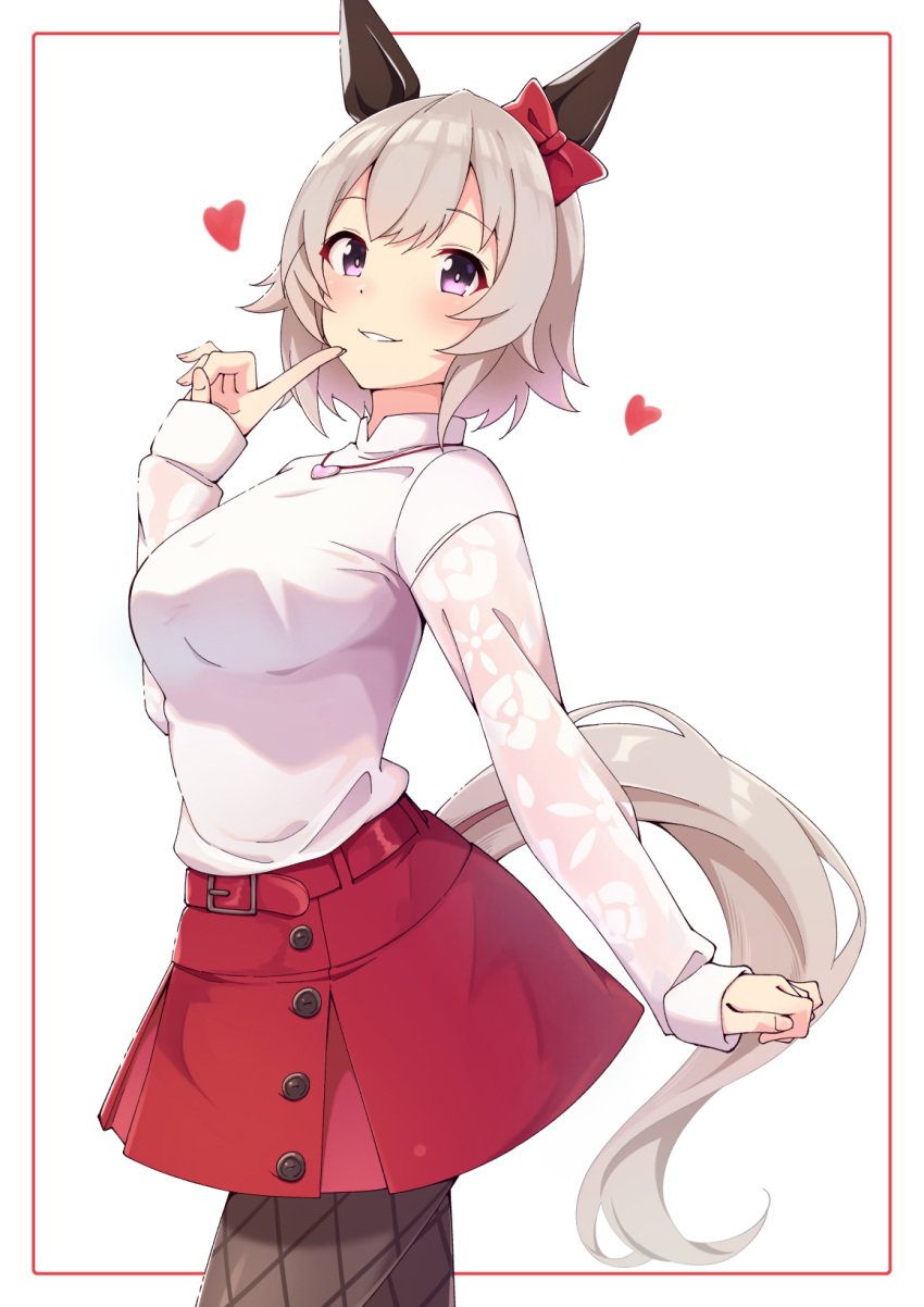 1girl animal_ears belt blush bow breasts casual commentary_request curren_chan_(casual)_(umamusume) curren_chan_(umamusume) ear_bow ear_covers fishnet_pantyhose fishnets grey_hair heart heart_necklace highres horse_ears horse_girl horse_tail jewelry long_sleeves looking_at_viewer medium_breasts motsutoko necklace pantyhose parted_lips purple_eyes red_belt red_bow red_skirt shirt short_hair simple_background skirt smile solo sweater tail umamusume white_sweater