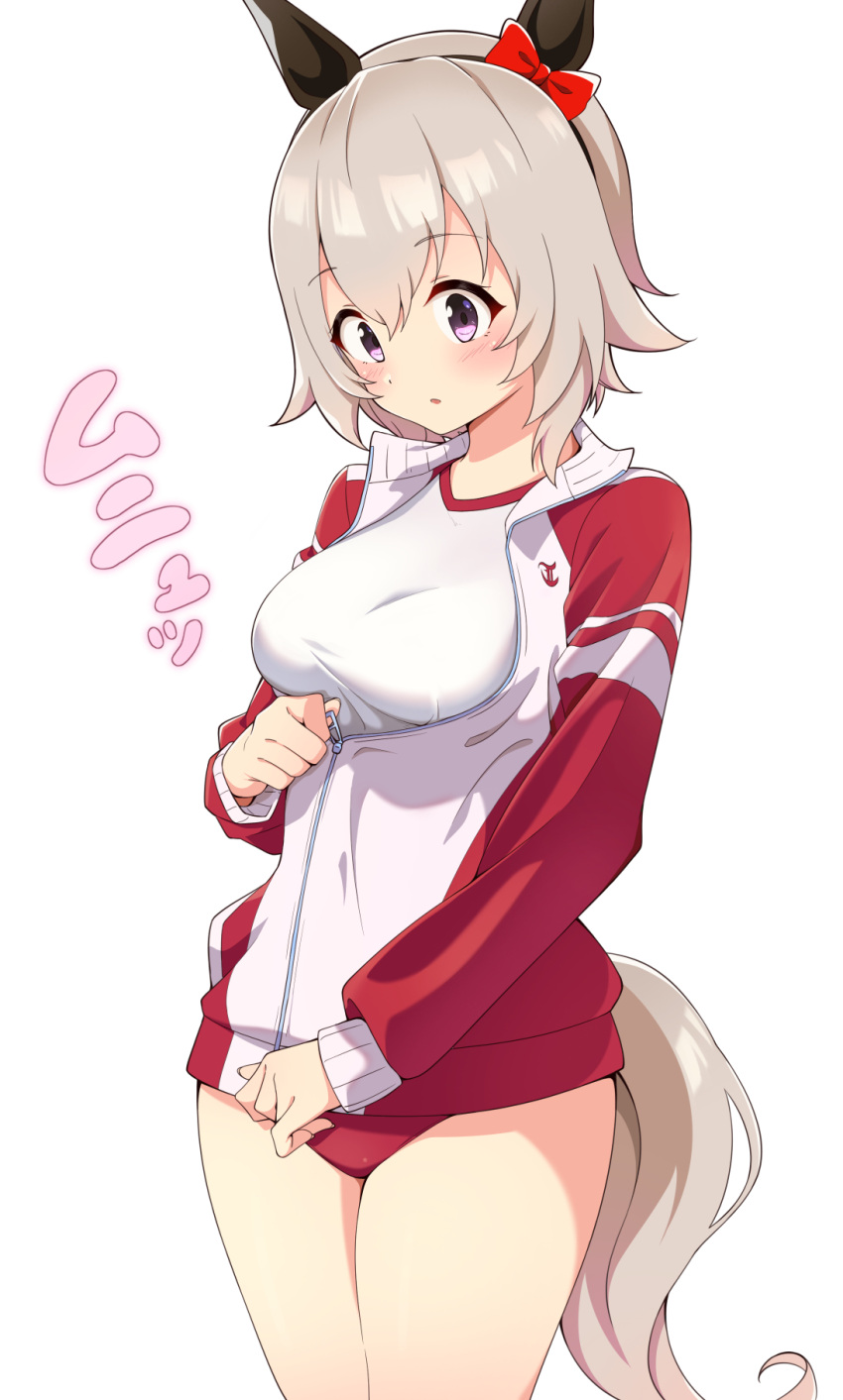 1girl animal_ears black_hairband blush bow breasts buruma commentary_request curren_chan_(umamusume) ear_bow ear_covers grey_hair gym_shirt hair_between_eyes hairband highres horse_ears horse_girl horse_tail jacket long_sleeves medium_breasts motsutoko parted_lips purple_eyes red_bow red_buruma red_jacket shirt short_hair simple_background solo tail tracen_training_uniform track_jacket umamusume white_shirt