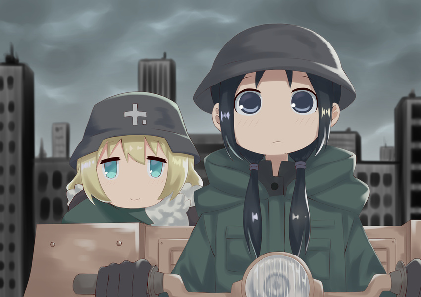 black_eyes black_hair blonde_hair blue_eyes blush brodie_helmet chito_(shoujo_shuumatsu_ryokou) closed_mouth cloud cloudy_sky eyebrows helmet highres hofumaso long_hair looking_at_viewer multiple_girls outdoors short_hair shoujo_shuumatsu_ryokou sky smile stahlhelm twintails yuuri_(shoujo_shuumatsu_ryokou)