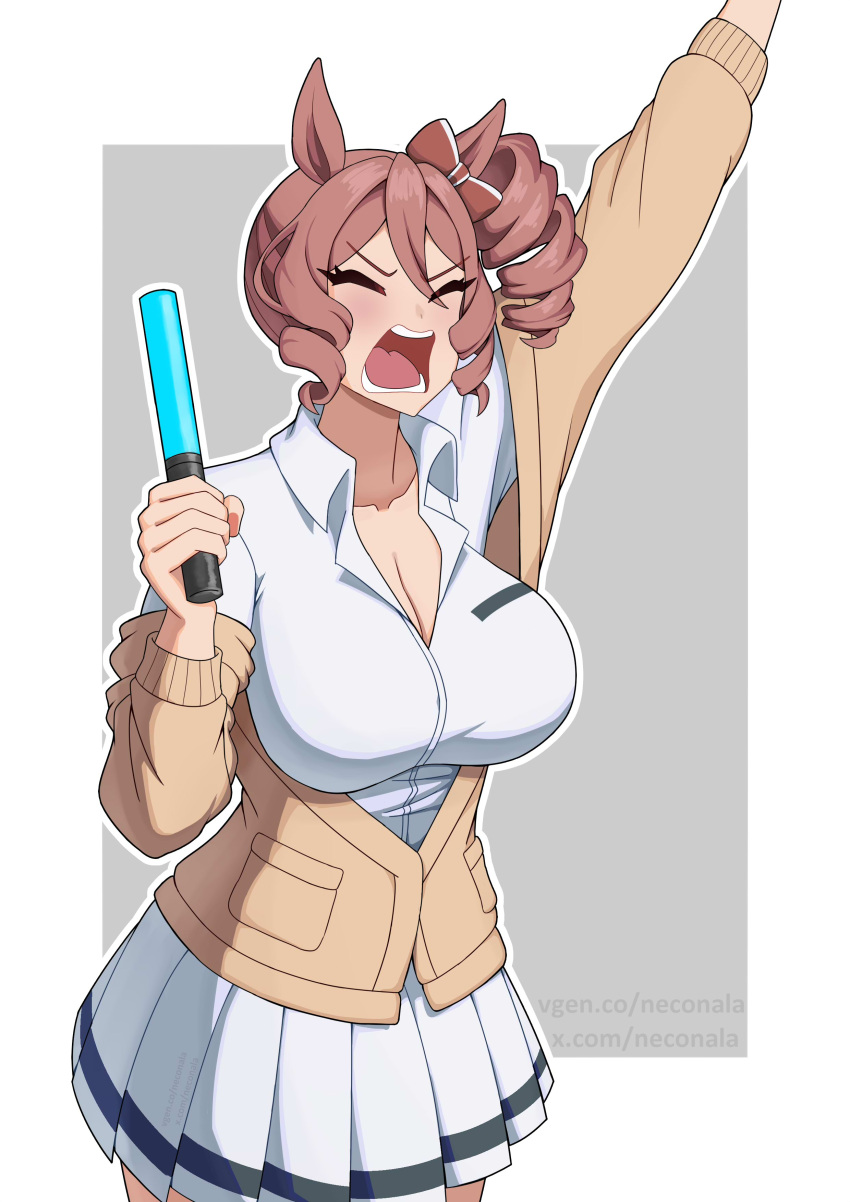 absurdres animal_ears arm_up bow breasts brown_cardigan cardigan cleavage closed_eyes cowboy_shot dress_shirt drill_hair drill_sidelocks ear_bow english_commentary facing_viewer frown highres holding_lightstick horse_ears horse_girl kasamatsu_tracen_school_uniform large_bow long_sleeves medium_hair miniskirt norn_ace_(umamusume) off_shoulder open_mouth partially_unbuttoned pleated_skirt prayoga3131 red_bow school_uniform shirt side_drill sidelocks skirt standing umamusume umamusume:_cinderella_gray web_address white_shirt white_skirt wing_collar