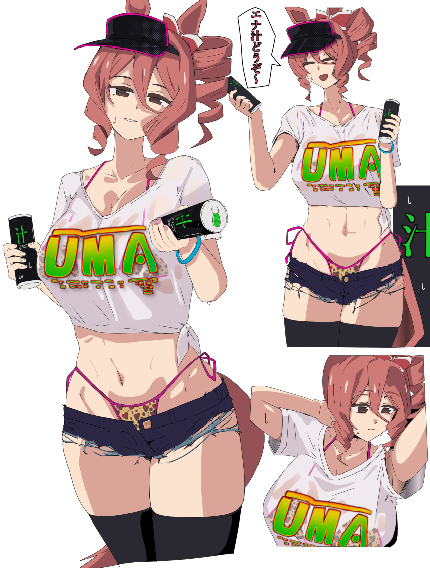 1girl absurdres animal_ears animal_print arm_behind_head bikini black_hat black_shorts black_thighhighs bow brown_hair can closed_eyes cutoffs drill_hair drill_sidelocks ear_bow energy_drink giving half-closed_eyes hat head_tilt highres holding holding_can horse_ears horse_girl horse_tail looking_at_viewer lowleg lowleg_shorts medium_hair micro_shorts multiple_views norn_ace_(umamusume) pink_bikini print_bikini print_shirt red_bow revealing_clothes shirt short_sleeves shorts side-tie_bikini_bottom side_drill sidelocks standing string_bikini sweat swimsuit t-shirt tail thighhighs tied_shirt translated umamusume umamusume:_cinderella_gray visor_cap zain_(pixiv_97810577)