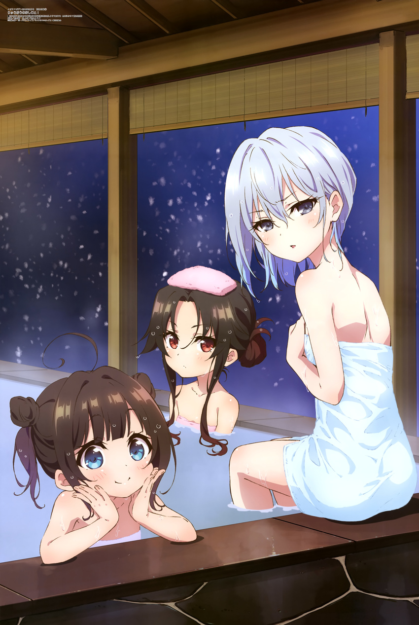 absurdres ahoge blue_eyes blue_towel brown_hair eyebrows_visible_through_hair grey_eyes hair_between_eyes highres hinatsuru_ai looking_at_viewer looking_back megami multiple_girls naked_towel onsen parted_lips pink_towel red_eyes ryuuou_no_oshigoto! short_hair short_hair_with_long_locks sidelocks silver_hair sitting smile snowing sora_ginko towel towel_on_head wet wet_hair white_towel yano_akane yashajin_ai