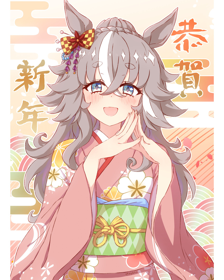 1girl absurdres animal_ears blue_eyes blush bow braid braided_bun commentary_request ear_bow floral_print floral_print_kimono grey_hair hair_between_eyes hair_bun highres horse_ears horse_girl japanese_clothes kimono long_hair long_sleeves looking_at_viewer multicolored_hair obi open_mouth pink_kimono print_kimono revision sash smile solo streaked_hair szykkz umamusume wide_sleeves wonder_acute_(umamusume)