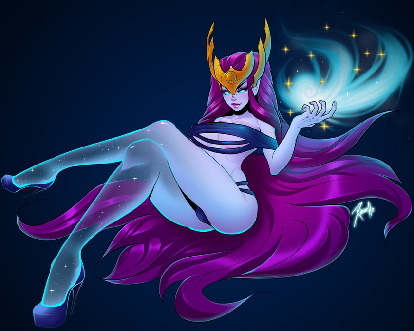 2017 5_fingers absurd_res armor aurelion_sol_(lol) big_breasts blue_background blue_eyes blue_skin breasts butt clothed clothing crossed_legs crossgender digital_media_(artwork) female fingers footwear glowing hair helmet hi_res high_heels humanoid jewelry league_of_legends long_hair looking_at_viewer mammal not_furry pointy_ear purple_hair riot_games shoes simple_background smile solo space star translucent translucent_legs video_games xinaelle